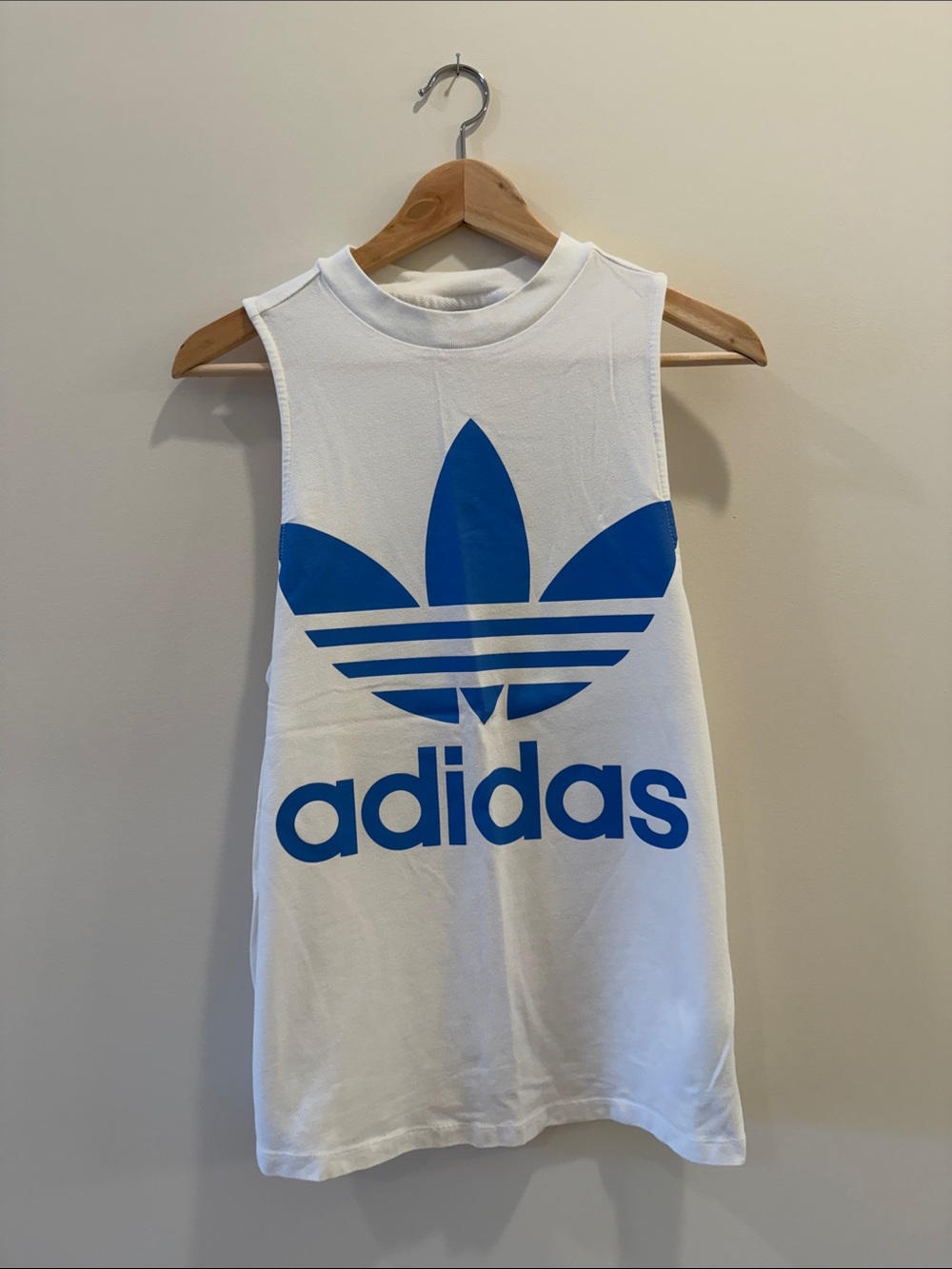 Adidas Women’s White Muscle Tank with Blue Trefoil Logo
